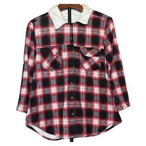 Eden & Olivia Womens Red Black Plaid Sherpa-Lined Button-Up Shirt Jacket Medium